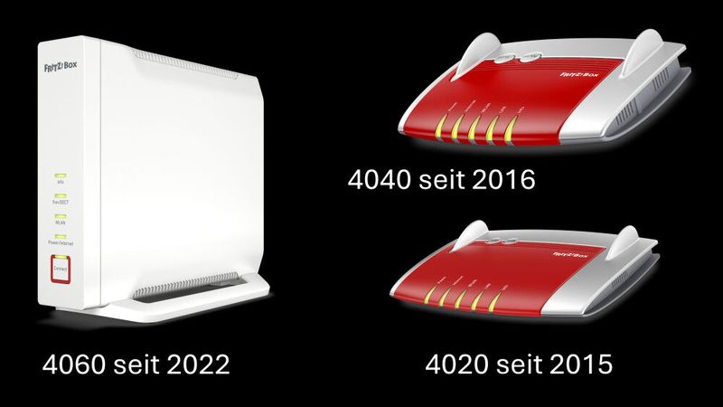 Modem-lose Fritzboxen: eignen sich besonders für den Einsatz hinter separaten Provider-Modems. Anno 2015 kam die Fritzbox 4020. 2016 die 4040. Und 2022 die CPU-starke 4060. (Bild: Harald Karcher)