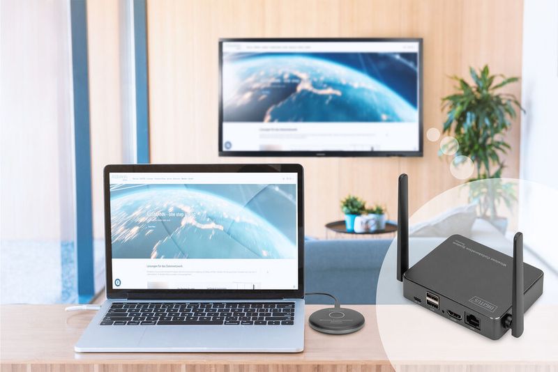 Mit dem System Click & Present Pro von Digitus können bei Konferenzen bis zu 30 mobile Endgeräte mit dem Empfänger verbunden werden. Bis zu vier Teilnehmende können ihre Inhalte gleichzeitig auf dem Präsentationsbildschirm darstellen. (Bild: Conrad Electronic SE)