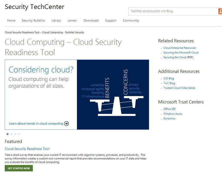 Microsoft bietet das kostenlose Tool Cloud Security Readiness Tool an, mit dem Administratoren über einen Fragebogen Informationen und Hilfen zum sicheren Betrieb oder Nutzen von Cloud-Diensten erhalten. Administratoren starten das Tool über die Internetseite http://www.microsoft.com/trustedcloud (Bild: Microsoft)