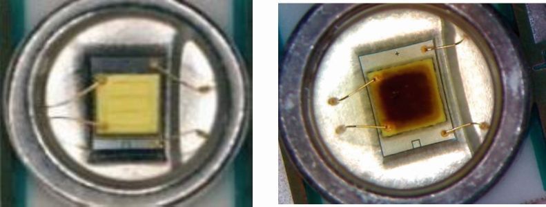 Bild 3: Eine unbeschädigte LED (links) im Vergleich zu einem Modell, das durch VOC beeinträchtigt wurden (rechts). ( Cree)