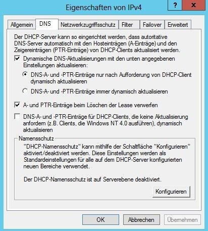 Abbildung 3: DHCP-Server können auch dynamische DNS-Einträge auf den DNS-Servern verwalten. Dazu sollten die Einstellungen von Administratoren optimiert werden. (Bild: Joos)