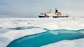 Abb. 1: Polarstern macht an einer großen Eisscholle fest, damit die Forschenden Physik und Biologe auf, im und unter dem Meereis untersuchen können. (Bild: Stefan Hendricks, Alfred-Wegener-Institut)