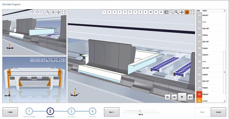 In der Simulation kann der Anwender ganz nahe heranzoomen, um sich die Details genauer anzuschauen. Wenn hier alles o. k. ist, wird der Startknopf betätigt und die Biegeoperation wird eingeleitet. (Bild: RAS)