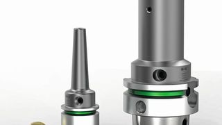 Dank der Additiven Fertigung kann etwa die Hydrodehnspanntechnik auch für Futter mit HSK-E25-Aufnahme und schlanker Kontur eingesetzt werden, wie die Mapal-Entwickler zeigen. Im Vergleich rechts davon ein Hydrodehnspannfutter mit HSK-A63-Aufnahme. Dieses Ergebnis öffnet viel Anwendungschancen für die Zerspanung im Miniformat. (Mapal)