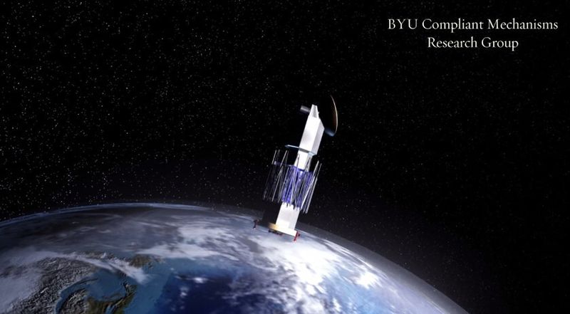 So könnte die Entfaltung eines Origami-Solarpanels bei einem regulären Satelliten aussehen (BYU)