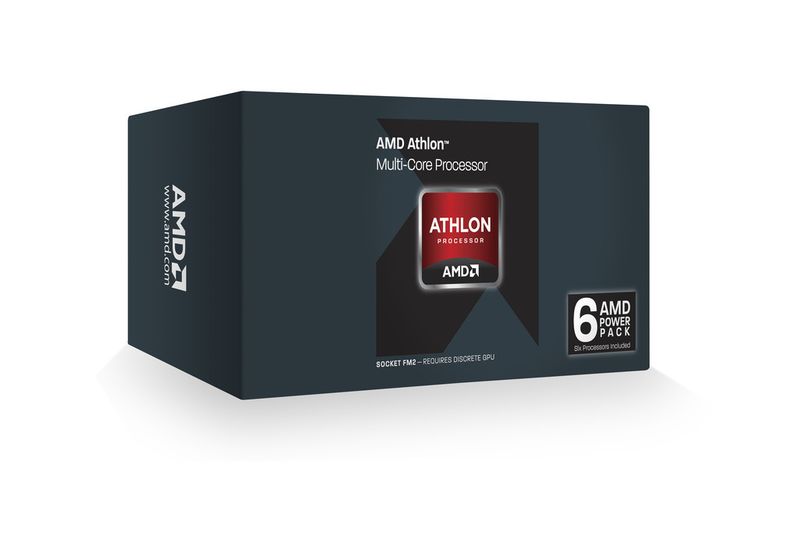 Das zweite AMD Power Pack enthält sechs Athlon-X4-760K-Prozessoren nebst CPU-Kühlern. Diese Sockel-FM2-CPU basiert ebenfalls auf der Richland-Architektur, enthält aber keine Grafikeinheit. Der Multiplikator ist ebenso wie beim A8-6600K offen, das erleichtert das Übertakten. (Bild: AMD)
