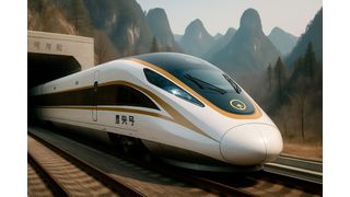 Die chinesische Hochgeschwindigkeits-Bahn „Gaotie“ soll künftig mit 350 km/h durch das Karstgebirge sausen. Der Yangcun-Tunnel wird Teil der neuen Strecke.  (Bild: GPT Image Editor / KI-generiert)