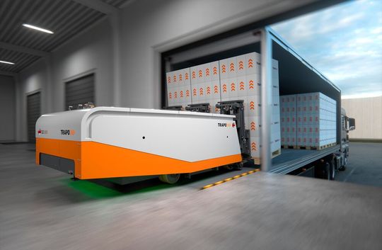 Für immer wieder interessiert stehen bleibende Passanten sorgte auf der vergangenen Logimat das autonome Be- und Entladesystem hinter dem Plexiglaszaun am Stand von Trapo (hier „in echt“ zu sehen).(Bild:  Trapo)