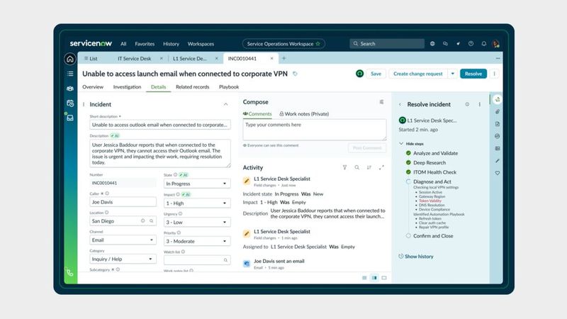 Probleme mit VPN-Verbindunge treten häufig aus. Autonomous Workforce kann sloche Fälle ohne menschliches Eingreifen lösen. (Bild: ServiceNow)