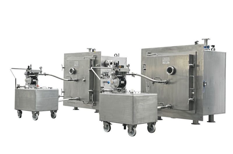 The Multispray tray vacuum dryers can be supplied with a patented cleaning-in-place (CIP) system based around a mobile pneumatic washing unit with a spray nozzle that fits inside the cabinet. (Italvacuum__)