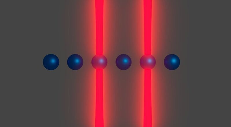 Two trapped ions (in blue) are selected by optical tweezers (in red). A quantum gate between the ions can be implemented using electric fields. (University of Amsterdam )