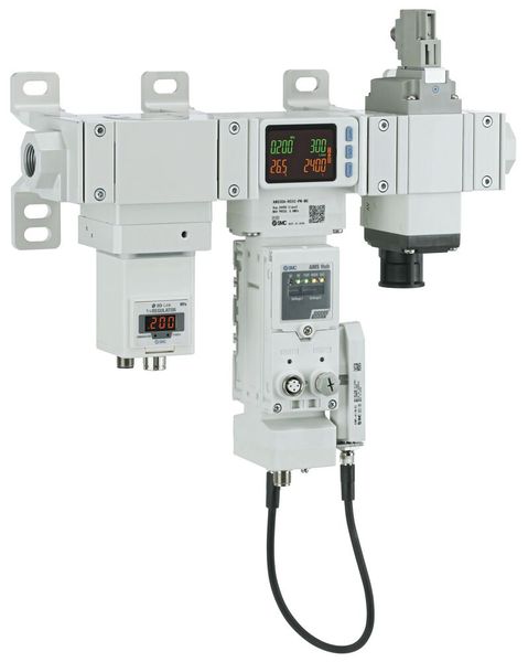 Bild 2: Das „Air Management System“ in den Anschlussgrößen ¼ bis 1 Zoll von SMC aus Regler, Hub und Abschaltventil bietet dank umfangreicher Überwachung von Druck, Temperatur und Durchfluss ein Einsparpotenzial von bis zu 62 Prozent beim Druckluftverbrauch.  (Bild: SMC Deutschland)