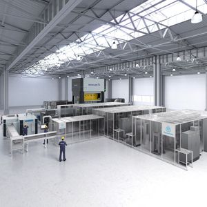 Noch ein Blick auf eine schlüsselfertige Stack-Fertigungsanlage mit den Systemen von Schuler, Thyssenkrupp und Andritz Soutec. Jährlich können damit rund 50.000 Brennstoffzellen gefertigt werden.(Bild:  Andritz Soutec)