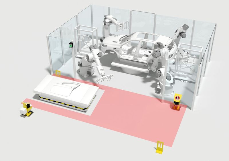 Beispielgrafik Safety-Lösung in der Automobilproduktion. Die Maschinenverordnung (MVO) legt fest, wie Maschinen künftig gebaut und auf den Markt gebracht werden müssen. Neu sind Anforderungen etwa zu Cyber Security und einer klaren Regelung für wesentliche Veränderungen.  (Bild: Leuze)