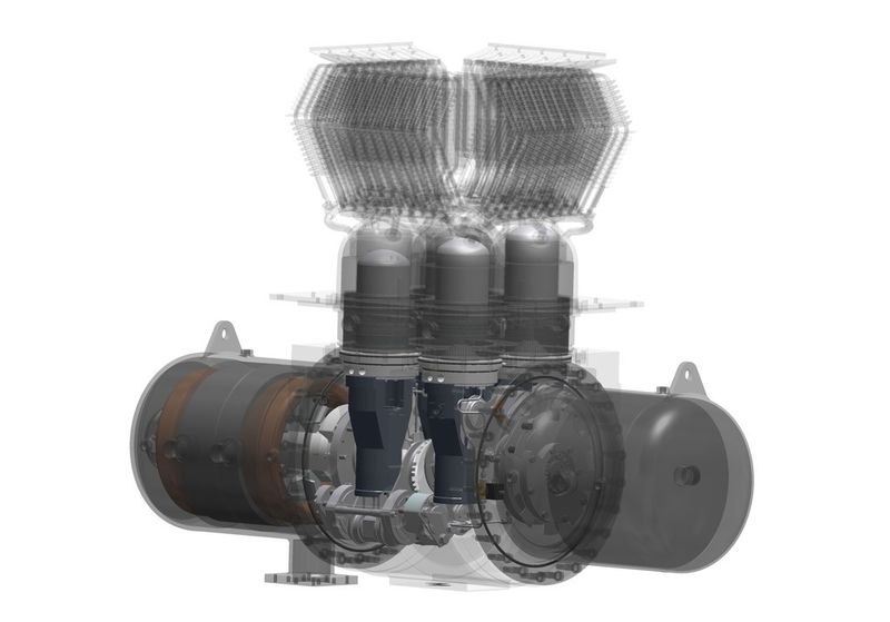 Das Stirling-BHKW ist von der Firma WUDAG erfolgreich auf der zentralen Kläranlage Niederfrohna (Sachsen) in Betrieb genommen worden. Der 35 kWe SD4-E Motor ist speziell für feste Biobrennstoffe entwickelt worden. Der Motor ist hermetisch abgeschlossen und verfügt über einen patentierten Jochmechanismus.  (WUDAG)