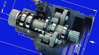 Koaxial zwischen wassergekühltem Motor und Spindel eingebaut, teilt sich dieses -Getriebe die Kühlwasserversorgung mit dem Motor. Bild: Mepax (Archiv: Vogel Business Media)