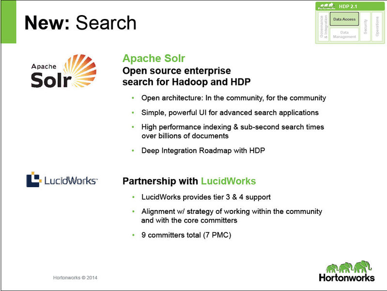 Abbildung 14: Suchfunktionen sind für eine Hadoop-Cluster naturgemäß ganz wesentlich. Zum Hadoop-Summit, anfang dieses Aprils, konnte Hortonworks auch die Partnerschaft mit Lucisworks bekanntgeben. (Bild: Hortonworks)