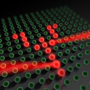 Abb. 1: Mit Hilfe eines Laserstrahls können einzelne Atome im Lichtgitter gezielt adressiert und deren Spinzustand verändert werden. Die Forscher konnten so eine vollständige Kontrolle über die einzelnen Atome erreichen und beliebige zweidimensionale Muster aus einzelnen Atomen „schreiben“. 