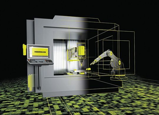 Heidenhain bringt Robotern Klartext bei: Die Steuerung des Roboters an der Werkzeugmaschine kann zukünftig direkt über die TNC-Steuerung erfolgen.(Bild:  Heidenhain)