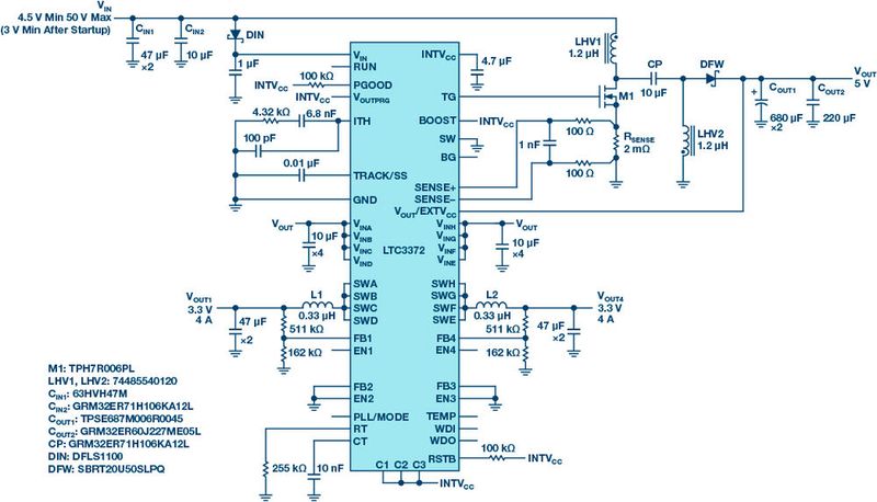 Bild 5: Ein nicht-synchroner Hochvolt-SEPIC-Wandler mit einem Eingangsspannungsbereich von 4,5 V bis 50 V speist hier zwei Niedervolt-Regler mit jeweils 3,3 V und 4 A. Nach dem Anlaufen kann der SEPIC-Wandler bis zu einer Mindest-Eingangsspannung von 3 V eine Spannung von 5 V an seinem Ausgang aufrechterhalten, wenn beide Niedervolt-Regler mit voller Leistung arbeiten. Eine minimale Eingangsspannung von 1,5 V ist zulässig, wenn die Belastung des SEPIC reduziert wird. Der Ausgang des SEPIC muss auf 5 V eingestellt werden, um einen ununterbrochenen Betrieb bei Eingangsspannungen unter 5 V zu gewährleisten. Die Diode DIN und ein 1-µF-Kondensator am Spannungseingang des IC dienen zur Vermeidung von Rückströmen und Spannungsspitzen. Empfohlen wird die Verwendung eines differenziellen Strommesspfades und eines Messwiderstands mit niedriger Induktivität, um ein möglichst sauberes Signal an den Stromkomparator-Eingängen zu erhalten. Bei der niedrigen Induktivität (LHV1 und LHV2), der maximalen Schaltfrequenz und der geringen Bandbreite muss zwischen der Nullstelle in der rechten Halbebene und der Stromwelligkeit abgewogen werden.  (Bild: Analog Devices)