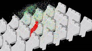 Die Simulation mit ANSYS CFD zeigt, wie sich die Viren eines niesenden Passagiers in einem Flugzeug in der Kabine verteilen. (Bild: Ansys)