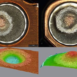 Bild 2:  Optische 3D-Oberflächenmessungen eines Ag/Ni-Kontaktpaares mit Anode links und Kathode rechts nach 100.000 Schließ- und Öffnungsvorgängen bei einem Strom von 100 A.(Bild:  Panasonic)