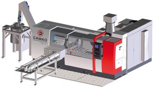 Die vierspindlige Tiefbohrmaschine der Samag WBM 2-800.4 mit Taktband ist für das Bohren bei Common-Rail-Einspritzsystemen gedacht. Bild: Samag (Archiv: Vogel Business Media)