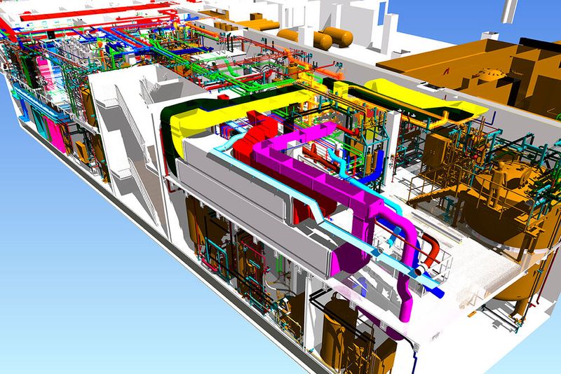 Abbildung 5: Untergeschosse des Neubaus. Unten befinden sich Reinmedien und HWR-Erzeugung, oben in Magenta ist eine Lüftungsanlage (für den Schwarz-Bereich) dargestellt. Hinter dem Stiegenhaus befinden sich CIP100 Anlagen und WFI Tanks. (Bild: ZETA GmbH)