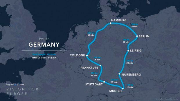 Vorschlag für Deutschland: Eine 1991 Kilometer lange Rundstrecke soll die deutschen Wirtschaftszentren miteinander verbinden. (Hyperloop One)