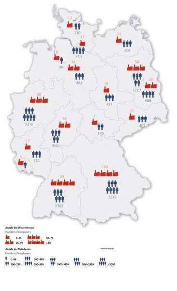 Dezidierte Biotechnologieunternehmen und ihre Mitarbeiter verteilt nach Bundesländern.  (Bild: biotechnologie.de)