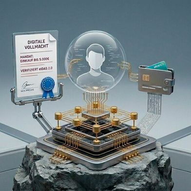 Mit eIDAS 2.0 schafft die EU eine interoperable Wallet- und Vertrauensinfrastruktur mit Vertrauensdiensten, auf deren Basis KI‑Agenten mittels digitaler Vollmachten kryptografisch signierte, auditierbare Aktionen ausführen. (Bild: Dall-E / Vogel IT-Medien GmbH / KI-generiert)