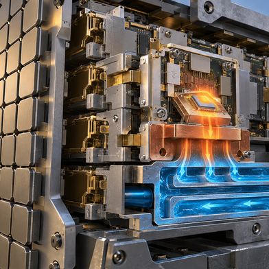 RF output and heat rejection share the same module. Conceptual illustration of a radar array and its thermal path; not a product photograph. (Source: KI-generiert / Imagen)