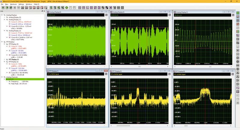 Bild 1: Die Zeit- und Spektralanalyse eines Trägers mit 1 GHz, quadraturmoduliert durch ein 8-PSK-Signal. Das obere linke Display zeigt das erfasste 8-PSK-Signal. Die Displays rechts daneben sind horizontale gezoomte Darstellungen des Signals. Das untere linke Display zeigt das Frequenzspektrum, in den Displays daneben sind gezoomten Ansichten zu sehen.