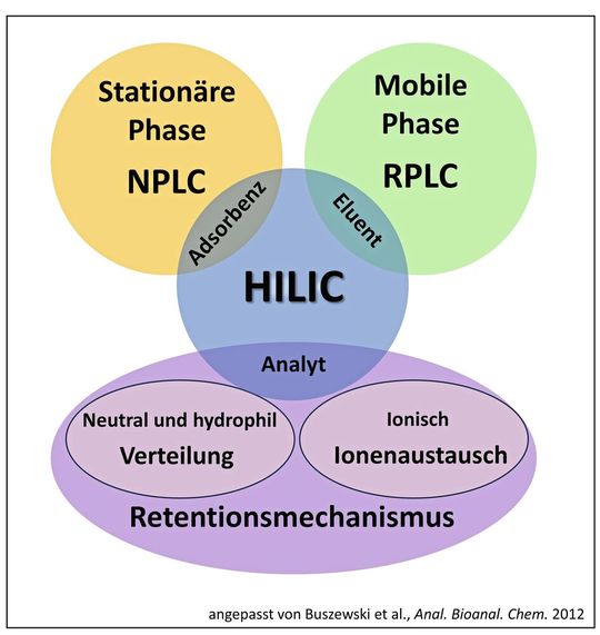 Abb.2: Schema zu Eigenschaften und Wechselwirkungen im Retentionsmechanismus von Komponenten (unten) im Zentrum von HILIC (Mitte) sowie stationäre und mobile Phase (oben) mit jeweiligen Ähnlichkeiten zu Chromatographiearten (in den Kugeln). Erweiterte Darstellung in Anlehnung an die Abbildung 2 der Publikation von B. Buszewski and S. Noga [2].(Bild:  AFIN-TS)