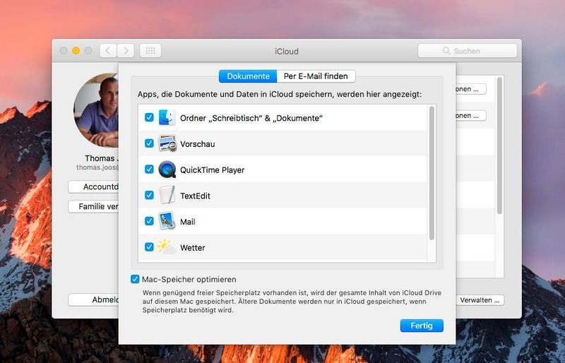 In den Optionen kann die Synchronisierung von macOS X mit iCloud konfiguriert werden. (Thomas Joos / Apple)