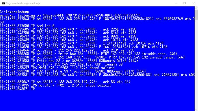 Der Tcpdump-Klon Windump funktioniert ähnlich. Der Download besteht aus einer einzelnen exe-Datei, die direkt in Windows ausgeführt wird. Auch Windows 10 wird bereits unterstützt. Windump verlangt nach der kostenlosen Erweiterung WinPcap, die auf der gleichen Seite zum Download zur Verfügung steht. (Bild: Thomas Joos)