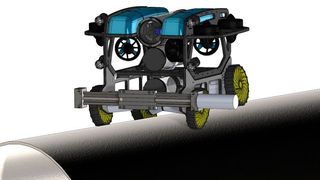 Zeichnung des geplanten Inspektionsroboters auf Basis eines BlueROV2. Neu sind der Radantrieb, ein optronisches System und Sensormanschetten. (Fraunhofer SOT Rostock )