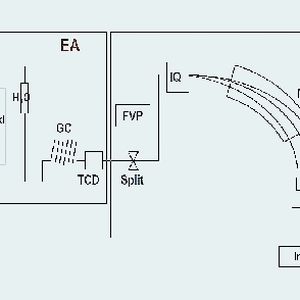 2	 Schematische Darstellung der Messanordnung für das 13C/12C- und 14N/15N-Verhältnis; Kopplung von Elementanalysator (EA) und Isotopenverhältnis-Massenspektrometer (IRMS) [1]. (AS: Autosampler; Ox: Verbrennungszone; Red: Reduktionsrohr; GC: Gaschromatograph; TCD: Wärmeleitfähigkeitsdetektor; FVP: Diluter; Split: Open-Split-System; IQ: Ionenquelle; AD: Analog-Digital-Umwandler) Bilder: TÜV Rheinland Agroisolab