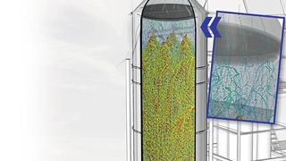 CFD-Simulation einer Gaswäsche im Sprühturm: Entscheidend ist es, die Reinigungsflüssigkeit gleichmäßig im Turm zu verteilen. (Lechler)