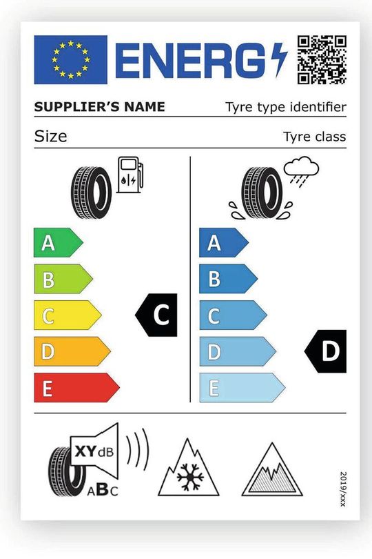 So könnte das neue EU-Reifenlabel aussehen. Winterreifen bekommen aber nur eine Markierung – entweder die Schneeflocke oder den „Eisberg“.(Bild:  Nokian)