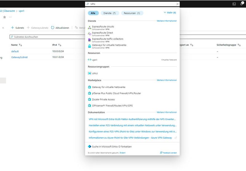 Suchen des Menüpunktes zur Erstellung eines neuen Azure VPN-Gateway. (Bild: Joos - Microsoft)