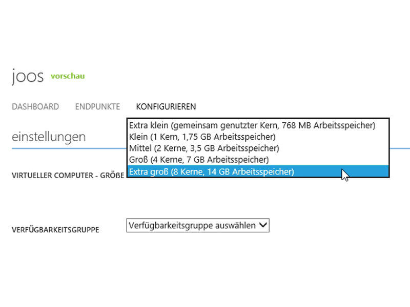In der Konfiguration des Servers können Sie nachträglich noch die Konfiguration anpassen und so die Zahl maximaler Prozessorkerne oder den Arbeitsspeicher erhöhen. (Bild: Joos/Microsoft)