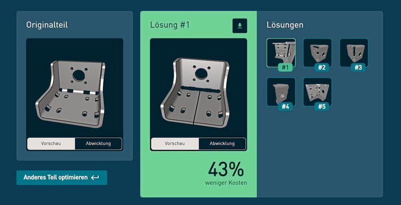 Blechwinkel mit über 40 Prozent Potenzial. Rechts im Bild sind die Vorschläge für Konstruktionsvarianten zu sehen.