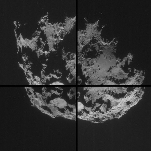 Montage aus vier Einzelaufnahmen, die die Navigationskamera an Bord der Raumsonde Rosetta am 7. September 2014 vom Kometen 67P/Churyumov-Gerasimenko gemacht hat. Sie entstanden aus etwa 51 km Entfernung zum Kometen. (Bild: ESA)