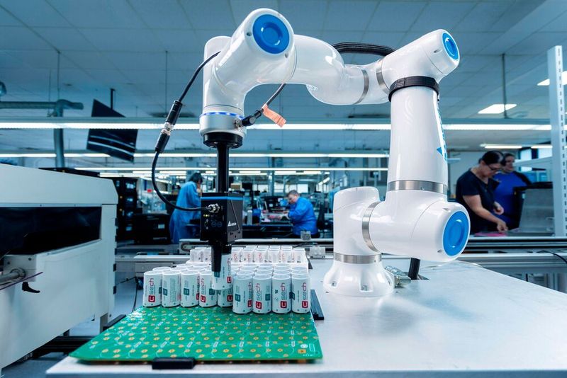Teilautomatisierung in der EMS-Praxis: Der D-Bot wurde darauf ausgelegt, Leiterplatten außerhalb der regulären Arbeitszeit der Mitarbeiter jeweils mit 68 großformatigen Kondensatoren zu bestücken. (Bild: Delta Electronics / Elektron)