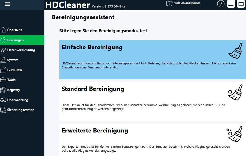 HDCleaner mit verschiedenen Assistenten zur Bereinigung von Windows. (Joos/Kurt Zimmermann)