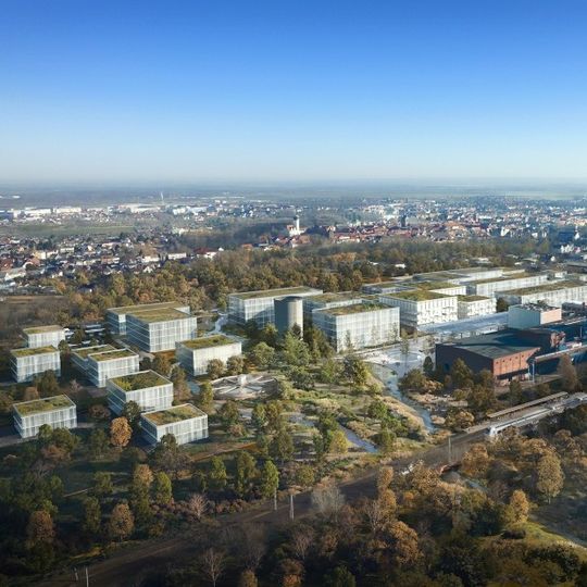 Das Bild zeigt die Visualisierung des Entwurfskonzepts zur Etablierung des CTC auf dem Gelände der ehemaligen Zuckerfabrik in Delitzsch.(Bild:  HDR GmbH)