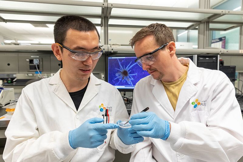 Guixin Cui (left) and Manual Aranda confer over the anemone that is helping them to understand the metabolism of corals.  (Helmy H. Alsagaff/ Kaust)