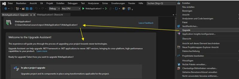 Aktualisieren eines .NET-Projektes in Visual Studio mit dem .NET Upgrade Assistant.
