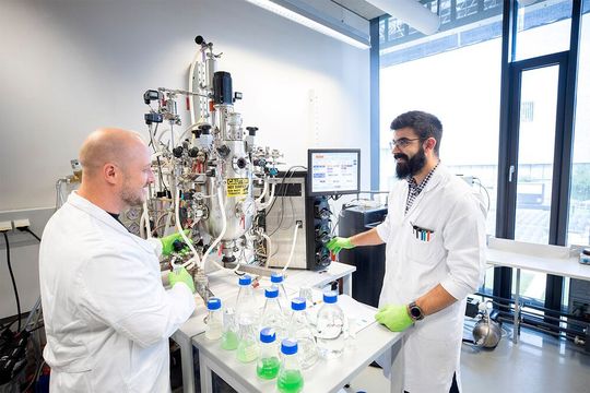 Die beteiligten Forscher Prof. Dominik Schild und Wadih Rassy, MSc vom IMC Krems trainieren die Mikroben, damit störende Metalle im Schrott den Prozess nicht behindern.(Bild:  Ecoplus Hires)